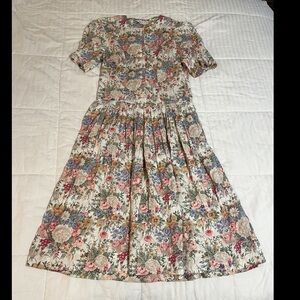 Vtg Significance 90s Cream Floral Cottagecore 10 Midi Dress Buttons & Pockets